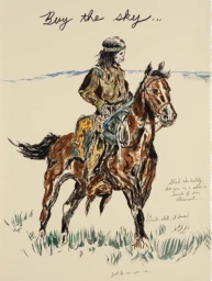 Illustration by Wes Lang featuring a figure on horseback with handwritten text reading Buy the sky against a cream background.