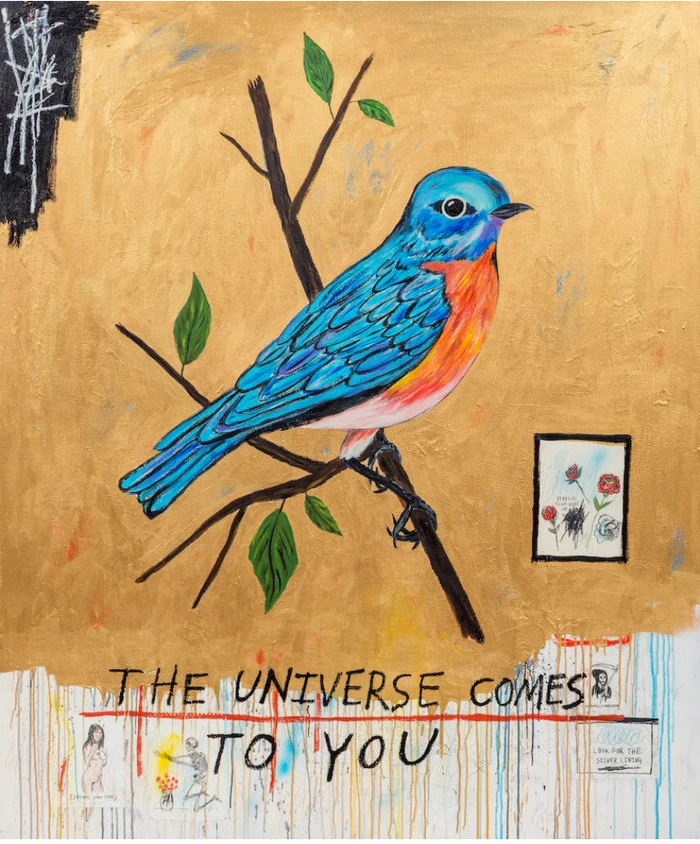 Mixed media painting of a vibrant bluebird on a branch over a gold textured background with text reading The Universe Comes To You.