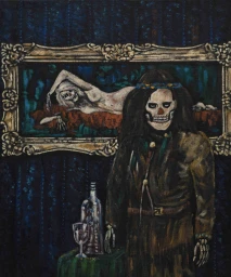 Dark painting by Wes Lang featuring a skeleton figure in dark clothing beside a bottle, wine glass, and a framed reclining skeleton artwork.