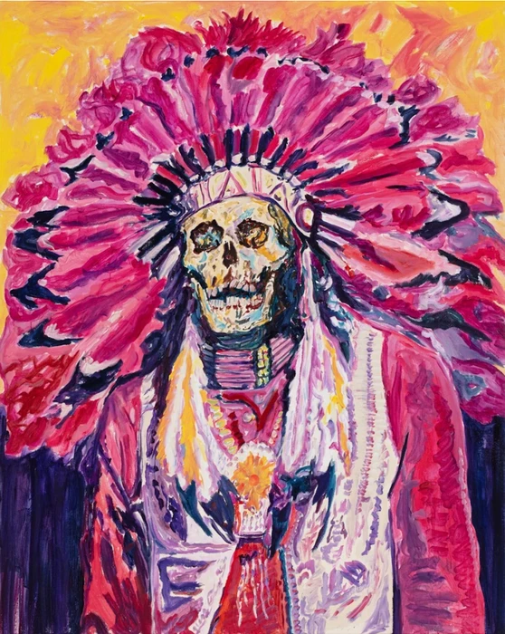 An expressionistic painting of a skull wearing a massive pink feathered headdress against a yellow and red background.