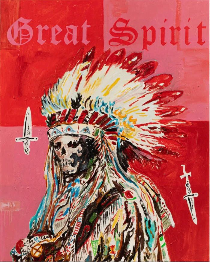 Painting by Wes Lang of a skull wearing a feathered headdress against a red and pink background with text reading Great Spirit.