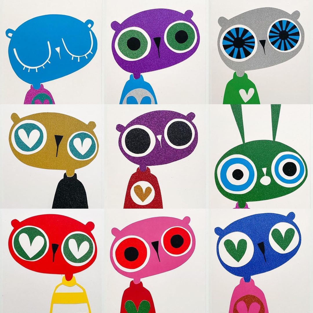 A grid of nine vibrant, whimsical character illustrations, each with unique color schemes, heart details, and cartoon-like features on a white background.