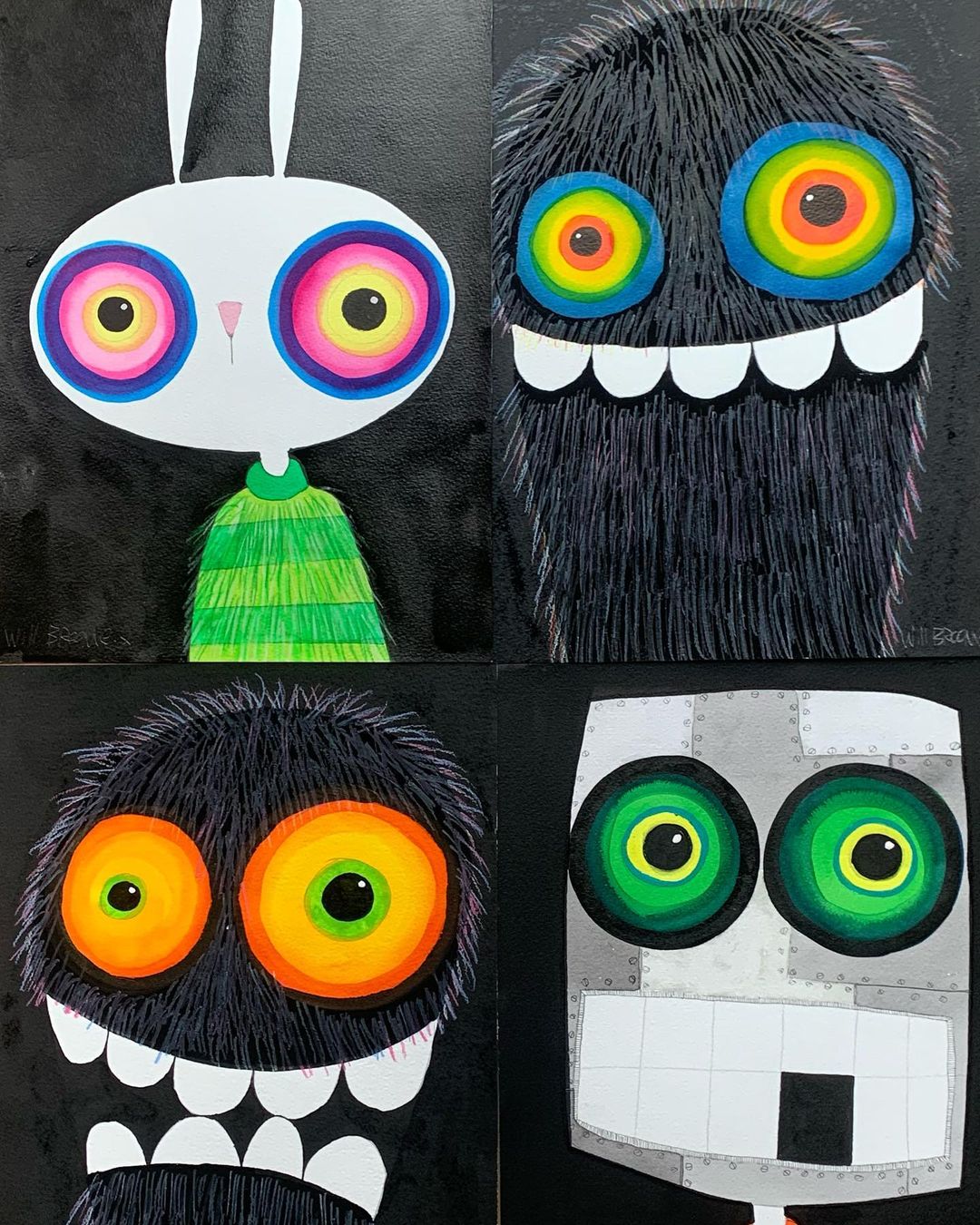 Illustration featuring four cartoonish monsters with exaggerated features against a black background, colorful and whimsical style.