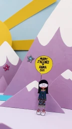 Illustrated character holding a yellow balloon against a 3D painted paper mountain backdrop by Will Broome.