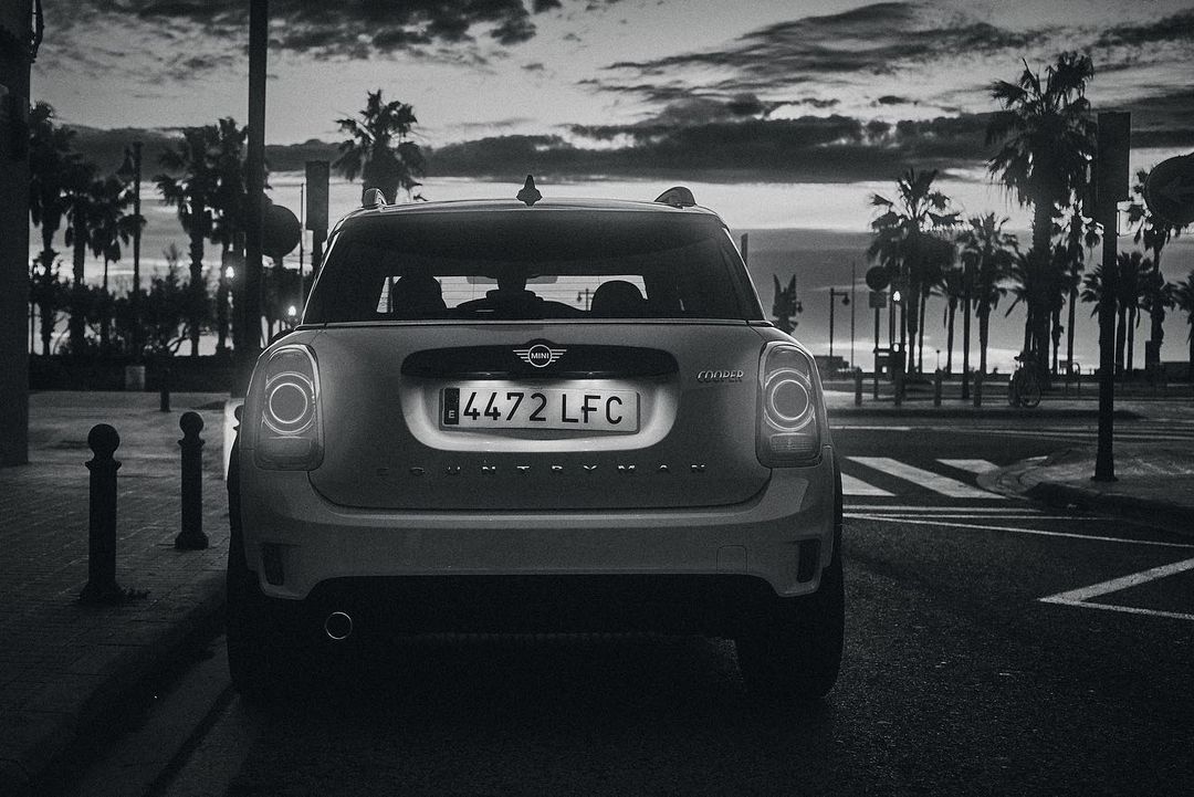 Black and white shot of the back of a Mini Cooper on a street with palm trees and a sunset backdrop, highlighting its design details.