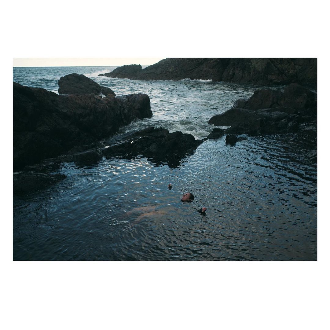 Adult female floats in blue pool surrounded by black rocks and the ocean. Rocks and sea in background, water surface is visible.