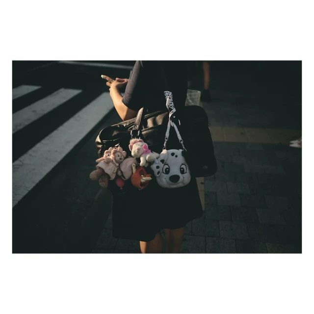 A person wearing a black dress holds a black bag with several plush toys hanging from it while crossing a zebra-striped crosswalk.