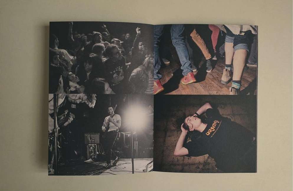 Music scene photo collage: a musician performs on stage, crowd views the show, and a person rests on the floor.