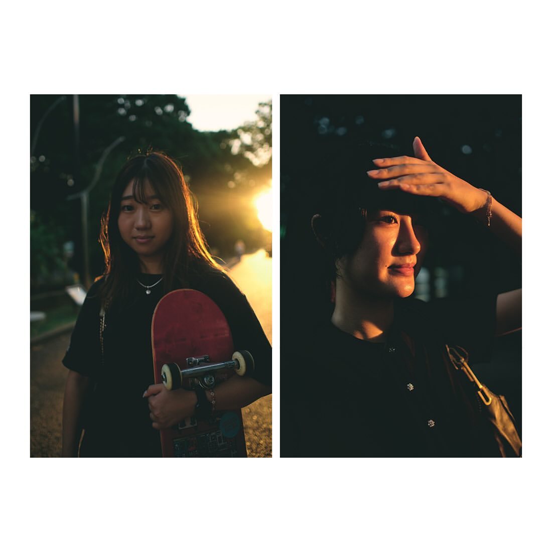 Split image: One woman holds a skateboard in sunlight; the other covers her eyes in shadow, both wearing casual black T-shirts.