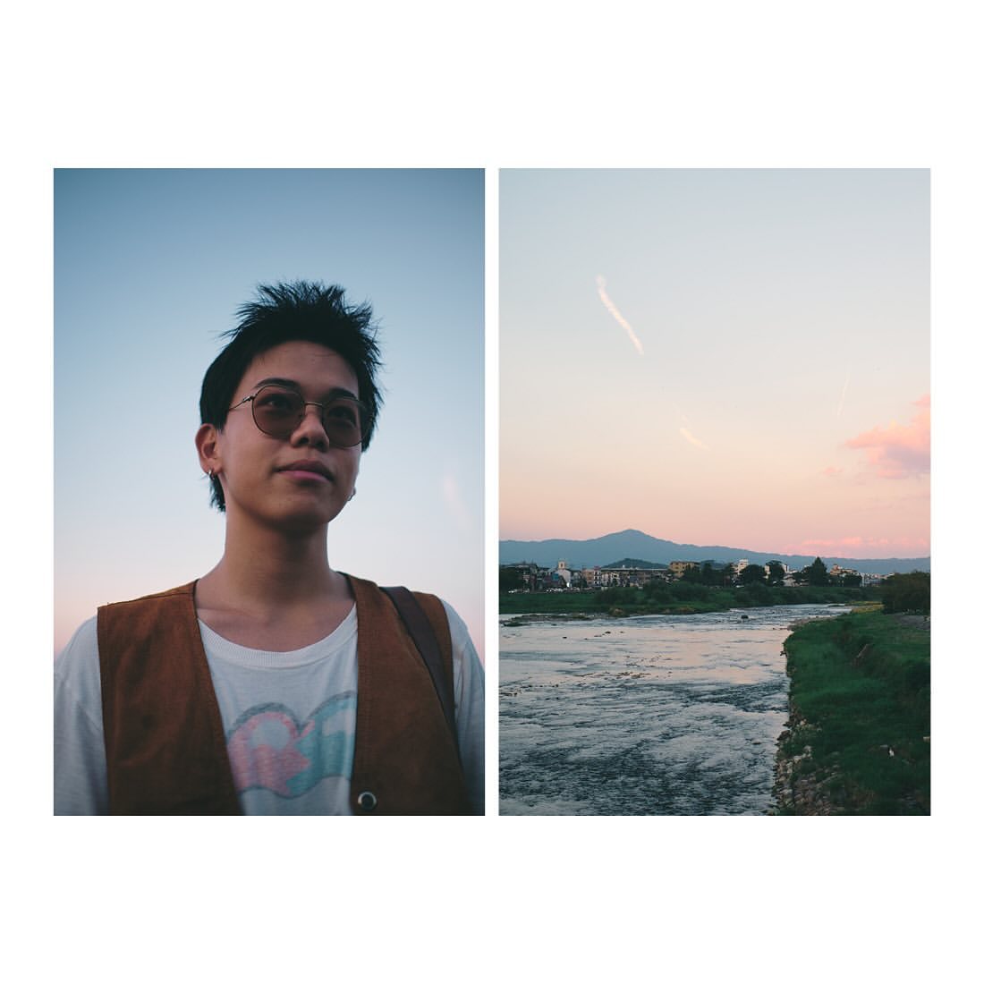 Portrait diptych of a young man wearing tinted sunglasses and a brown vest alongside a river landscape at dusk