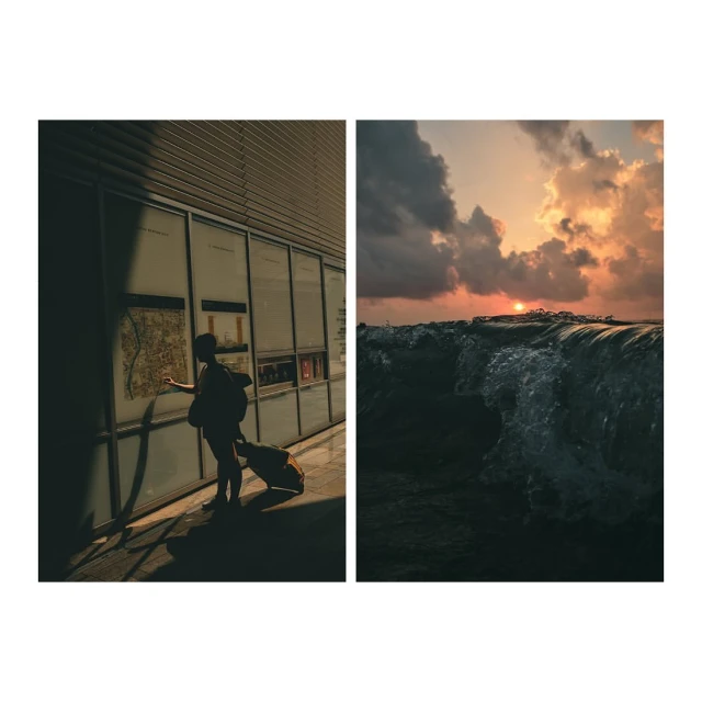 Composite image: silhouette of person with luggage looking at map on glass wall contrasted with a wave at sunset with cloudy sky.