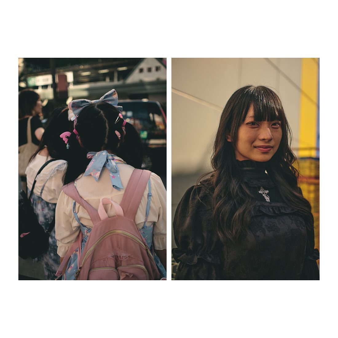 Two Japanese women are posing outdoors; one in a black dress and another wearing a backpack and colorful bows, creating a striking contrast.