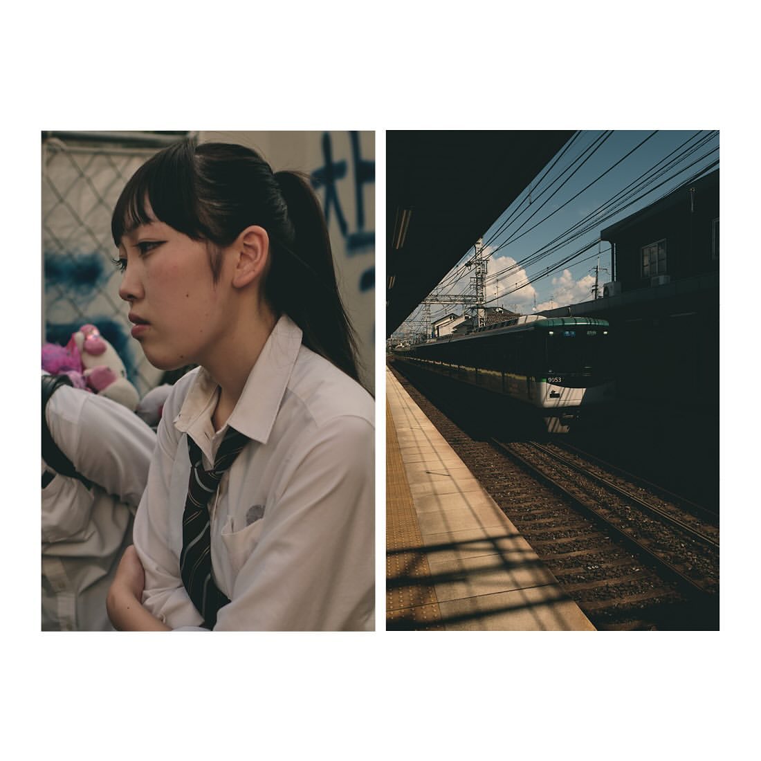 Split view: a young woman in uniform in profile indoors; an empty train platform outdoors with tracks and a train arriving.