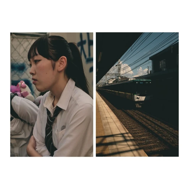Split view: a young woman in uniform in profile indoors; an empty train platform outdoors with tracks and a train arriving.
