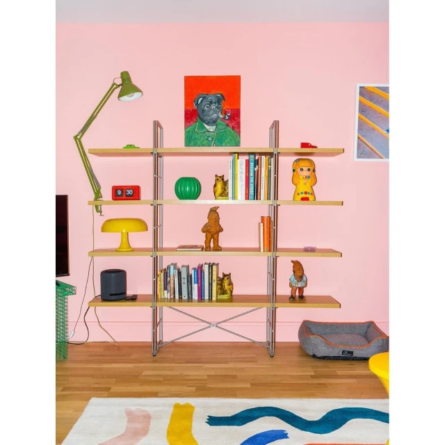 Interior of a room featuring a light wood bookshelf filled with books and decorative objects, complemented by a pink wall and colorful rug.