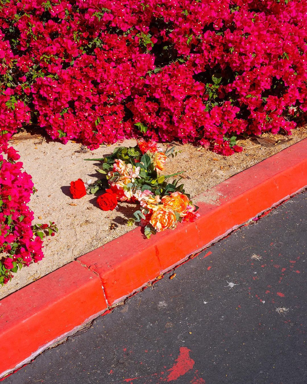 Vibrant bougainvillea blooms and artificial flowers create a colourful street scene by a red painted curb on asphalt.