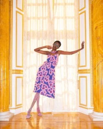 Model wearing a pink and blue patterned dress posing between ornate golden pillars by photographer Will Sanders in Paris