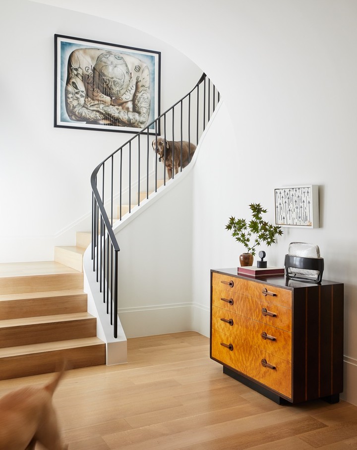 Hallway interior featuring a wooden staircase, a black metal banister, a light wood dresser, a framed art print, and a dog.