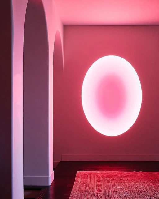 Illuminated pink circle on a white wall in a room with arches, a dark floor and a patterned rug creating a modern interior.