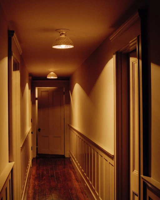 Interior shot of a hallway with wood floors, paneled walls, and overhead lighting creating warm, inviting illumination along the corridor.