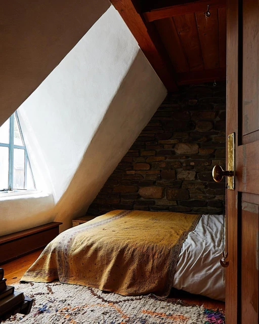 Attic bedroom interior featuring a bed with a yellow blanket, stone wall, a dormer window, and an open wood door, creating a cozy space.