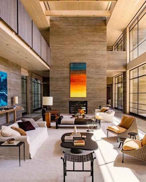 Spacious living room showcasing neutral tones, modern furniture, and a floor-to-ceiling fireplace with colorful artwork in natural lighting.