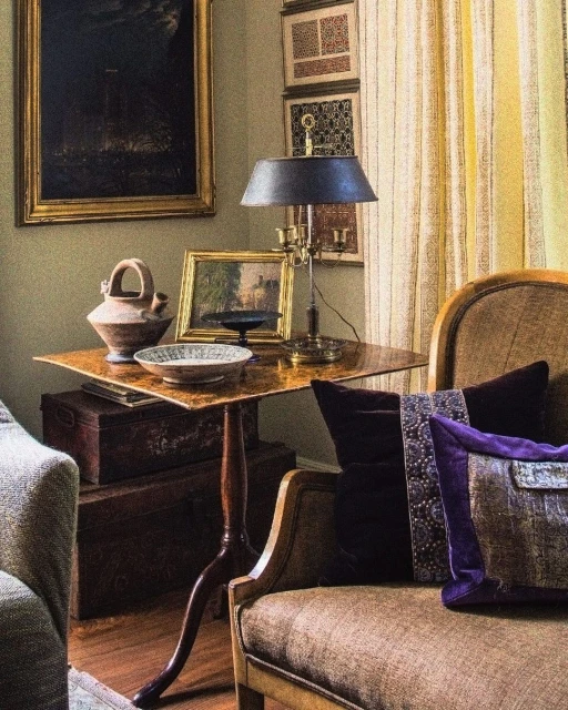 A cozy interior featuring a wooden table with decorative objects, an upholstered chair, and artwork, evoking a sense of classic home decor.