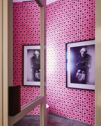 Pink patterned toilet paper wallpaper and framed black and white photographs shot through a doorway