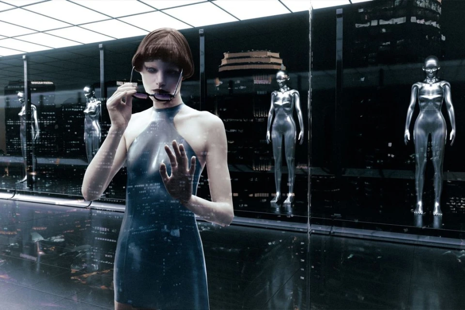 Woman in a futuristic setting, wearing a dress and sunglasses, standing near mannequins and glass panels reflecting city lights.