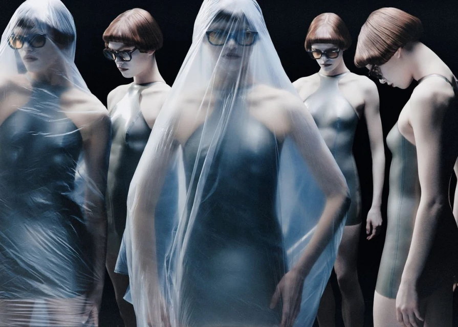 Fashion shot showcasing multiple women in gray bodysuits, some covered in plastic film, wearing sunglasses against a black background.