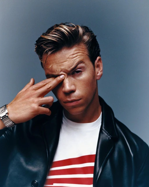 Portrait of an adult male wearing a black leather jacket and white striped shirt, with hand near face against a grey background.