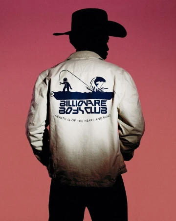 Person in silhouette wears a Billionaire Boys Club jacket with graphic, against a vivid pink backdrop, showcasing fashion and design.