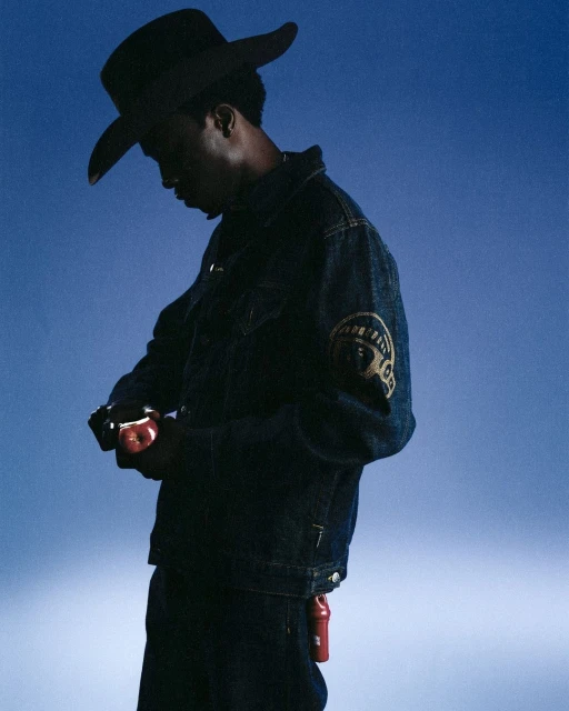 Stylish African-American male model wearing a denim jacket and cowboy hat poses with an apple against a blue backdrop in a studio shot.