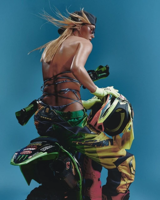 A woman in a motocross outfit sits astride a dirt bike against a blue backdrop, wearing sunglasses and a cap, holding a helmet.