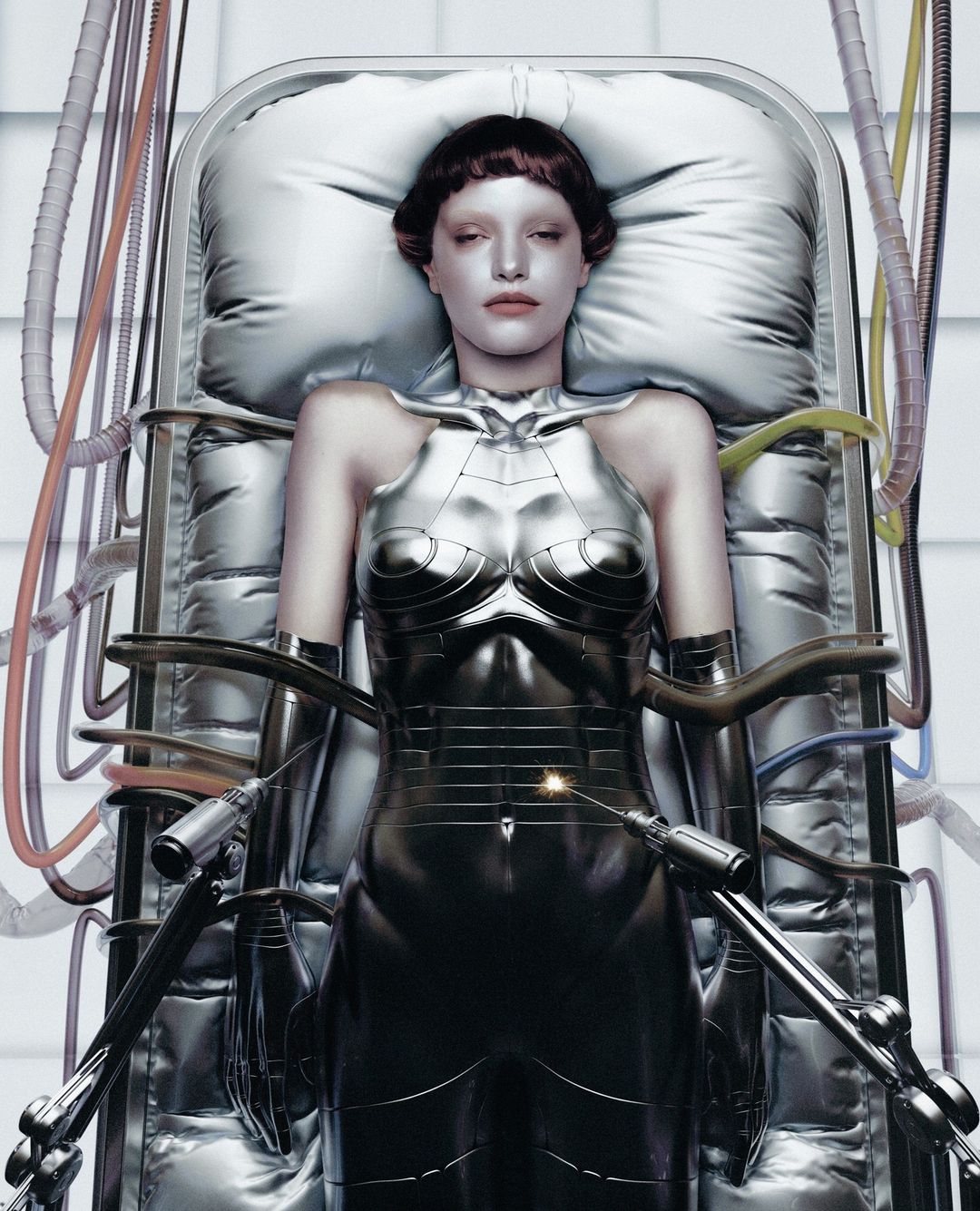 Silver-skinned woman lies on a futuristic medical bed with attached tubes and tools in a sterile, brightly lit laboratory or medical setting.