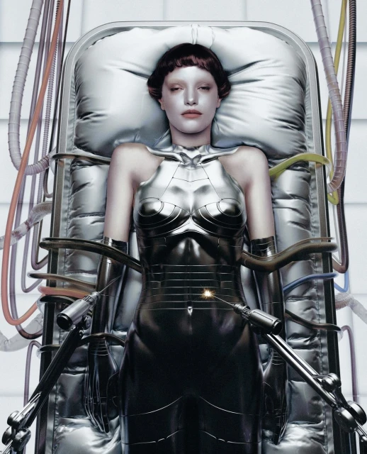 Silver-skinned woman lies on a futuristic medical bed with attached tubes and tools in a sterile, brightly lit laboratory or medical setting.