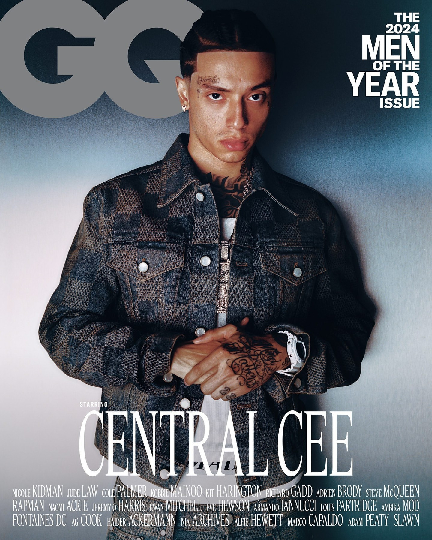Magazine cover featuring Central Cee in a patterned denim jacket, hands clasped, against a blurred background with GQ logo and text.