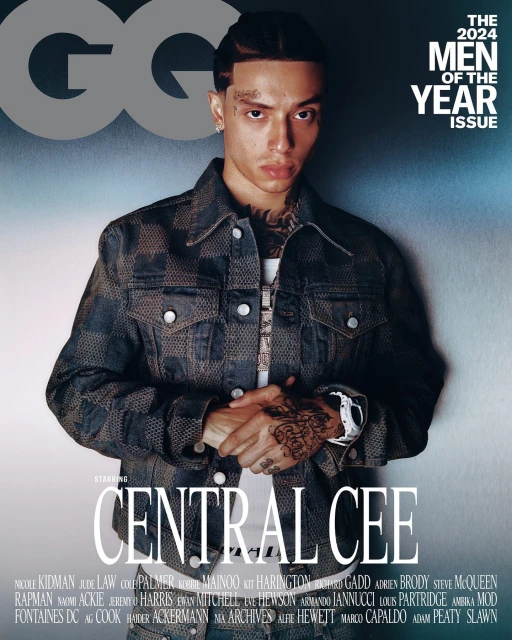 Magazine cover featuring Central Cee in a patterned denim jacket, hands clasped, against a blurred background with GQ logo and text.