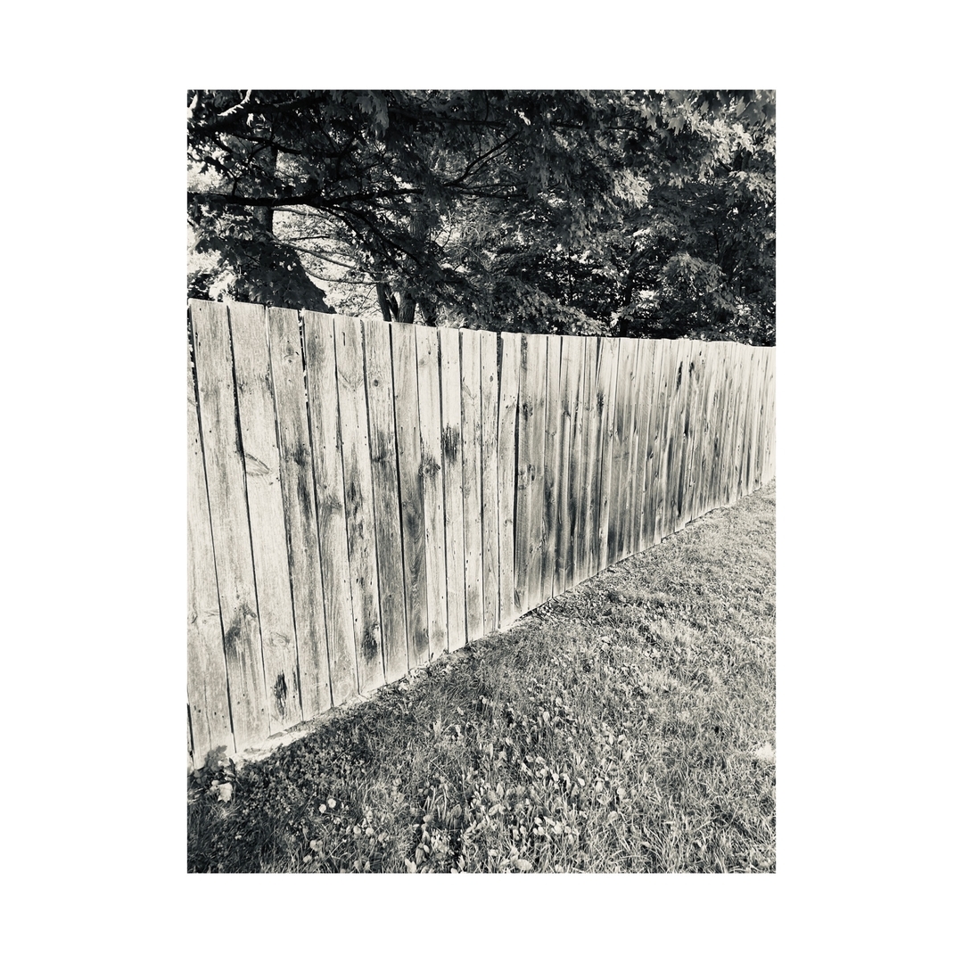 Monochrome image of a weathered wooden fence running diagonally across a grassy field, with trees visible in the background.