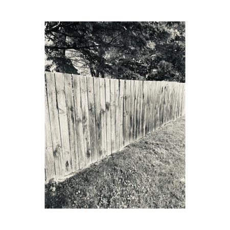 Monochrome image of a weathered wooden fence running diagonally across a grassy field, with trees visible in the background.