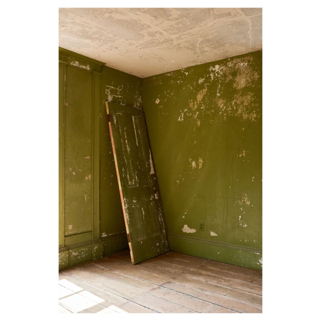 Interior of an empty room with green walls and wooden floors, featuring an old wooden door leaning against the wall.