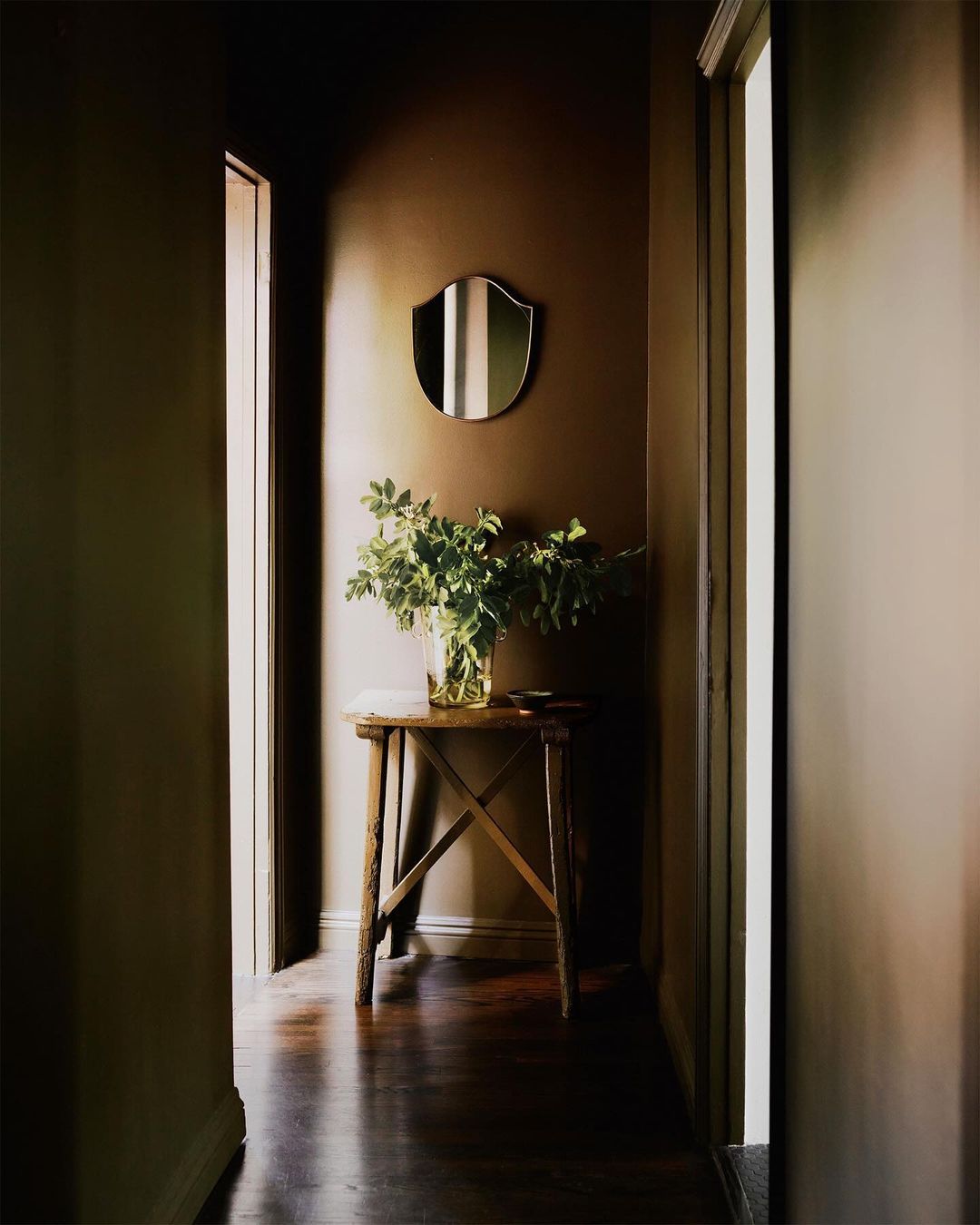 Indoor shot featuring a hallway with dark wood floors, an accent table with a vase of greenery, and a shield-shaped mirror on the wall.