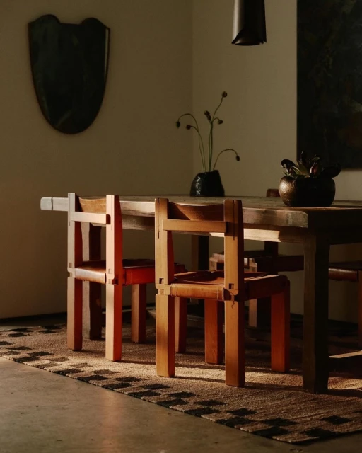 Warm interior shot of a rustic wooden dining table with chairs, vase with flower stems, dark lamp shade, and shield wall decor.