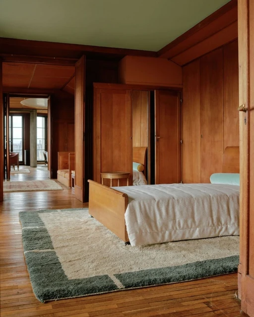Interior view of a bedroom with wood paneled walls, bed with white bedding, and a green and white rug on a wood floor.