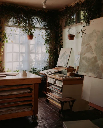 Artist's studio interior filled with natural light, featuring paintings, art supplies, wooden tables, and climbing plants around a window.