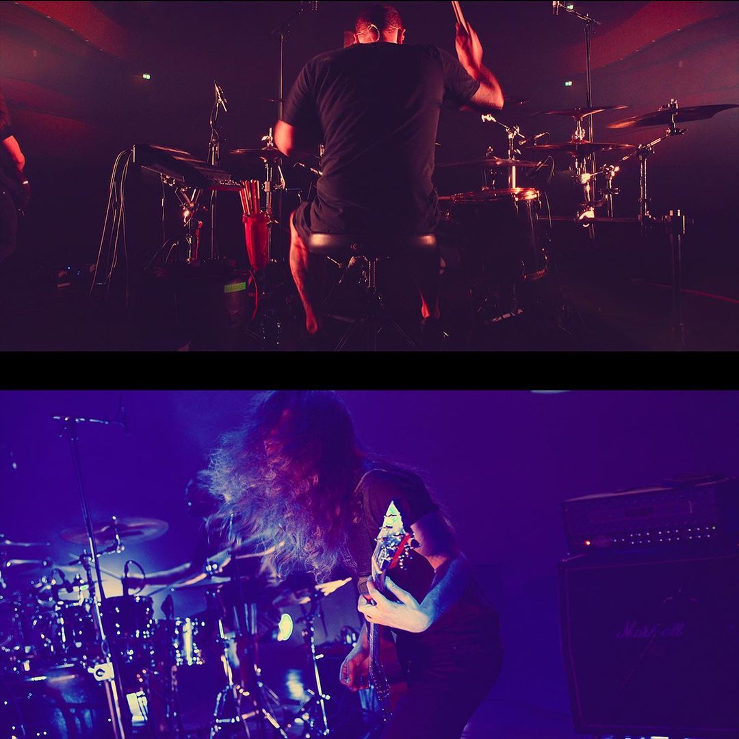 Split-screen shot showcases a concert setting with musicians: drummer and guitarist, performing under stage lights and musical instruments.