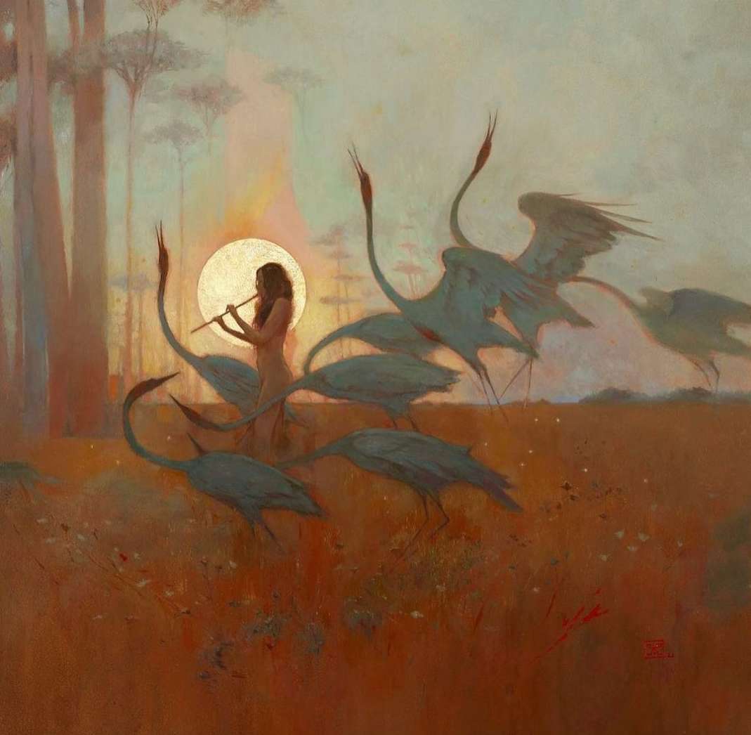 A woman plays a flute surrounded by multiple long-necked birds in a warm-toned, painterly landscape with trees and a glowing sun.
