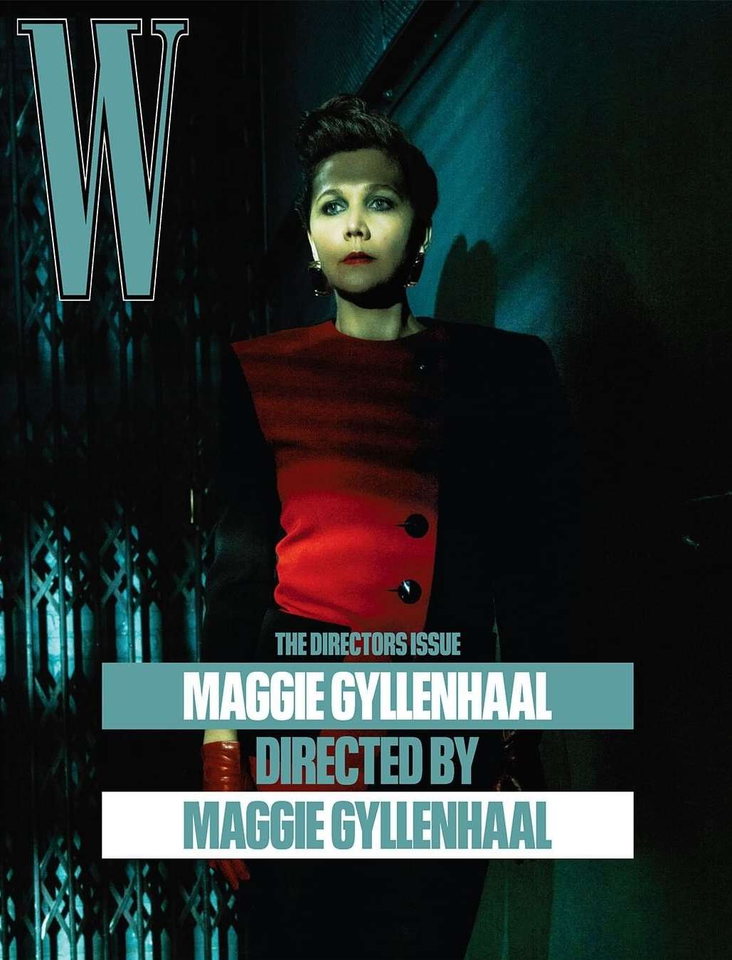 Maggie Gyllenhaal poses in a striking portrait for 'The Directors Issue' of W Magazine, featuring a red and black jacket.