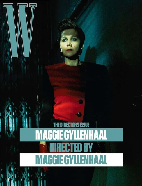 Maggie Gyllenhaal poses in a striking portrait for 'The Directors Issue' of W Magazine, featuring a red and black jacket.