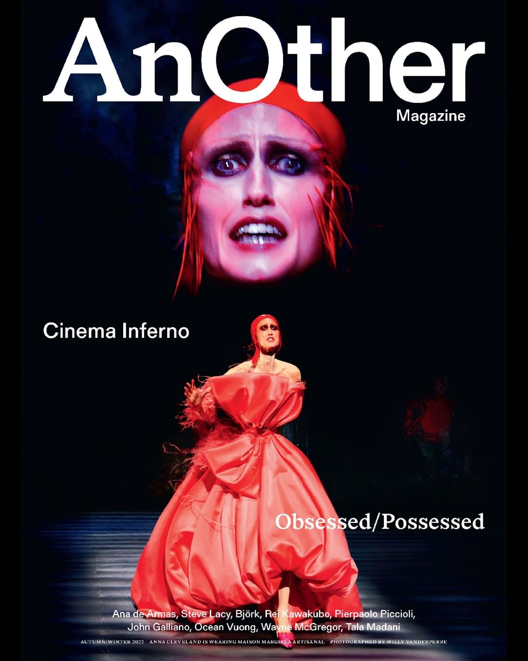 Magazine cover featuring a portrait of a woman's distressed face above a full-length shot of a model in a large red dress with bow.